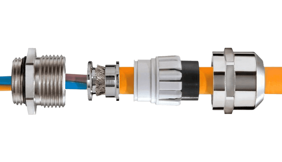 A cable connection consisting of multiple metal parts that protect and stabilize a cable.
