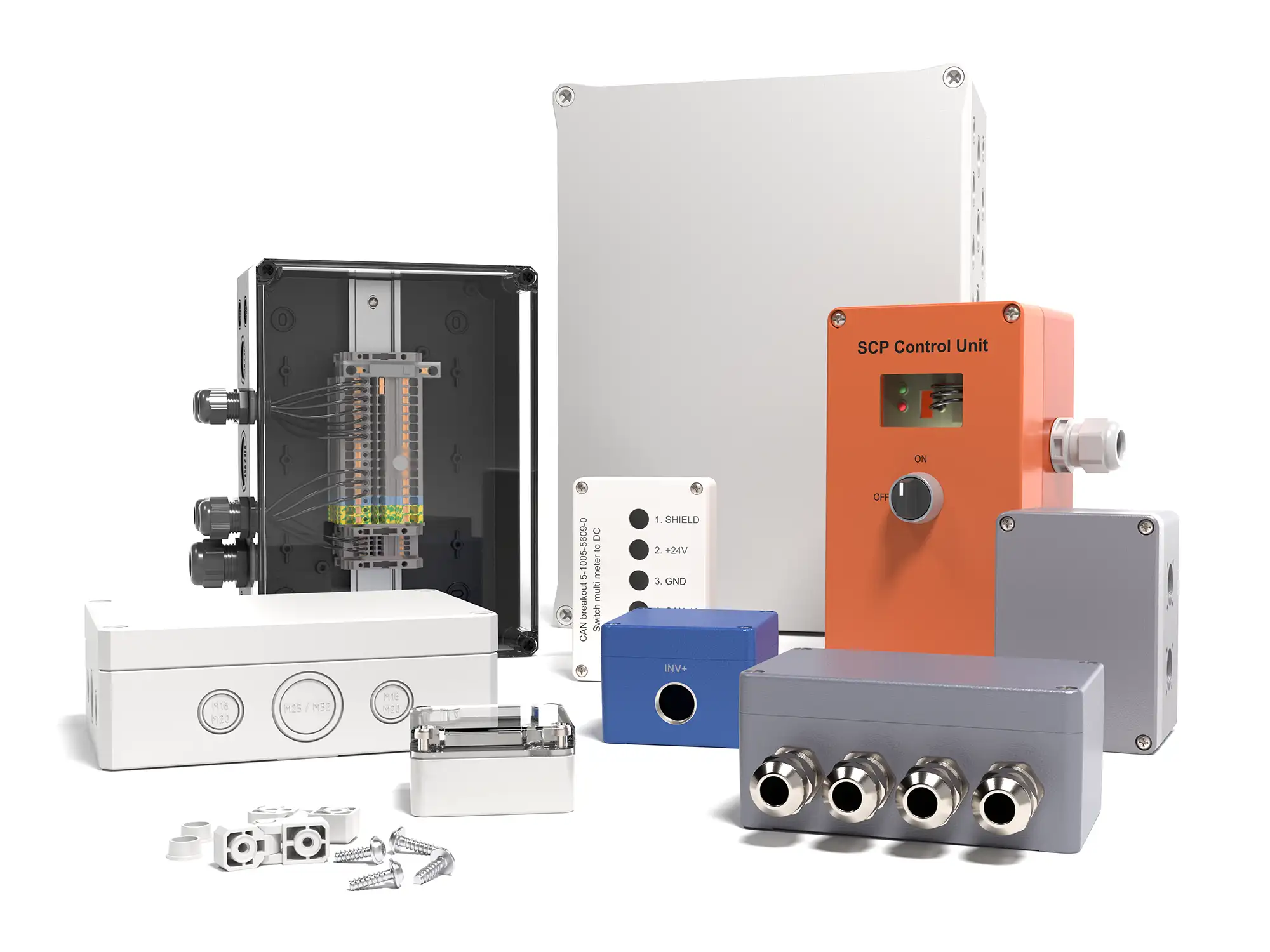 Various industrial enclosures made of plastic and aluminum, including matching accessories such as cable glands, wall brackets, mounting rails and hinges.