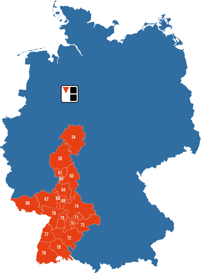 Eine Karte von Südwestdeutschland, die mit roten Markierungen die Postleitzahlenbereiche 60 bis 79 zeigt.